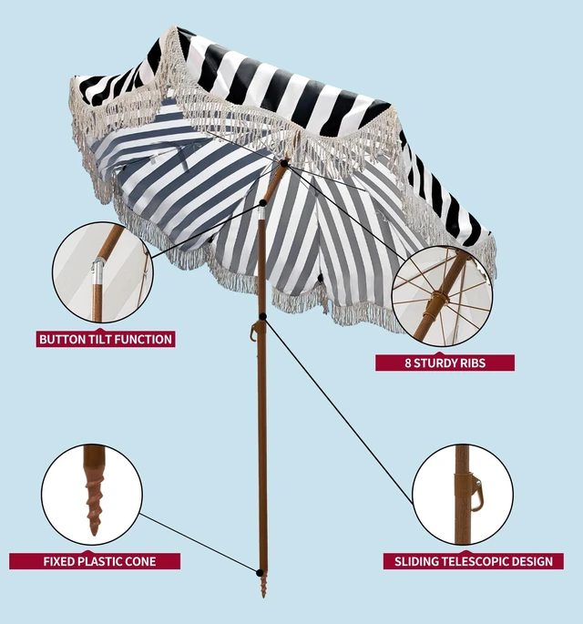 Alt view image 5 of 7 - 6.5FT Outdoor Patio Umbrella with Fringe, Boho Beach Umbrella
UV Protection | Tilt & Adjustable Height | Portable 2-Piece Brown Steel Pole | Perfect for Pool, Garden, Party & Beach