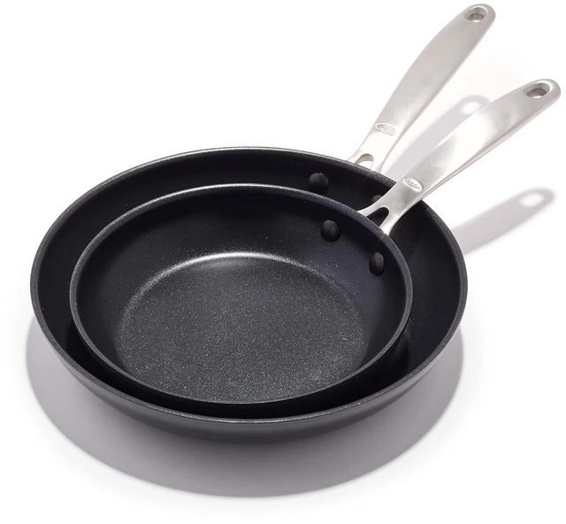 Main image of Enhanced 8" and 10" Frying Pan Skillet Set, Healthy Ceramic Nonstick, PFAS-Free, Stainless Steel Handle, Dishwasher Safe, Oven Safe, Black