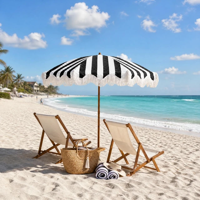 Alt view image 7 of 7 - 6.5FT Outdoor Patio Umbrella with Fringe, Boho Beach Umbrella
UV Protection | Tilt & Adjustable Height | Portable 2-Piece Brown Steel Pole | Perfect for Pool, Garden, Party & Beach