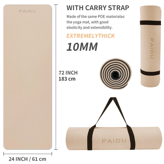 Alt view image 2 of 7 - POE Yoga Mat (10mm)Extra Thick Fitness Mat 72"x24" with Carry Strap
Non-slip, tear-resistant and suitable for all ages, perfect for yoga, Pilates, home gym and full-body workouts.