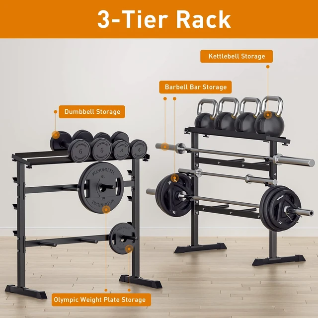 Alt view image 2 of 7 - 3-Tier Dumbbell Rack, Adjustable Weight Rack for Home Gym for Weight Plate
1000lbs Capacity, Weight storage racks for dumbbell/kettlebell/weight plate/barbell, Adjustable Width