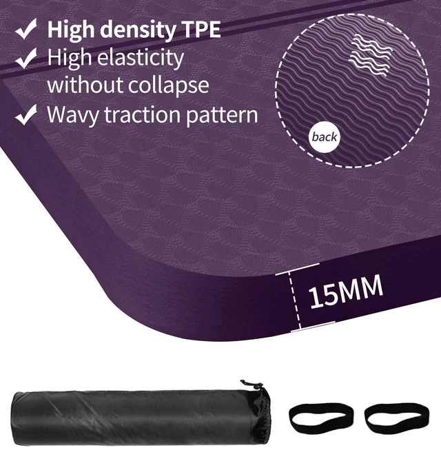 Alt view image 2 of 6 - Large Exercise Mat - 15mm/20mm/30mm Thick Yoga Mat | Workout Mat for Fitness, Yoga, Pilates, Stretching & Floor Exercises for Women & Men with Free Carrying Bag