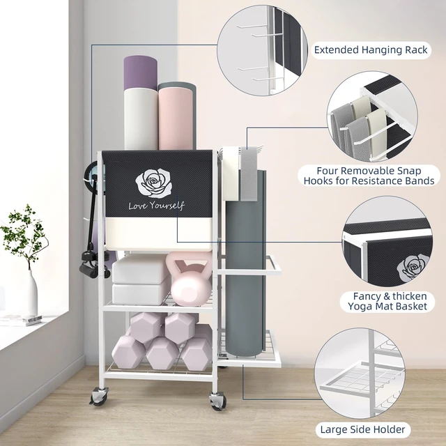 Alt view image 2 of 6 - Multi-Functional Home Gym Storage Rack,Yoga Mat Storage on Wheels
200 lbs capacity,Side Holder and Hooks,Basket for Yoga Pilates Accessories,All in on Workout Equipment Organizer
