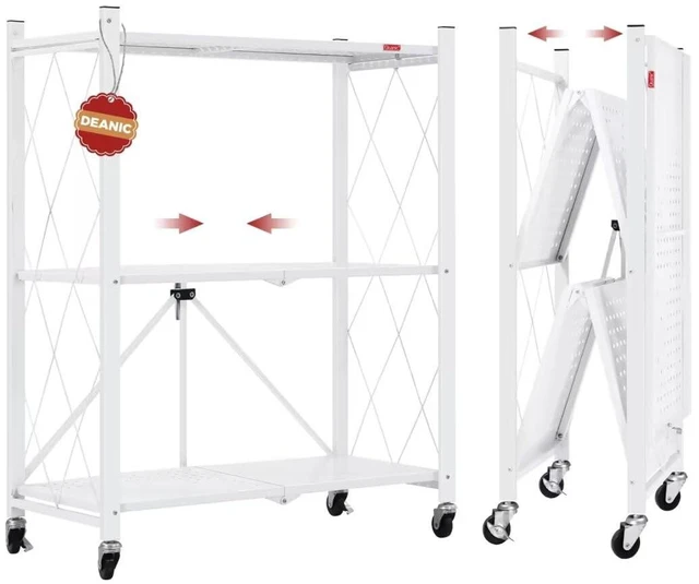 Main image of 3 Tier Foldable Storage Shelves with Wheels, Kitchen Appliance Stand, Freestanding Metal Wire Shelf Rack, No Assembly Organizer Rolling Cart for Garage, Basement, Pantry(White)
