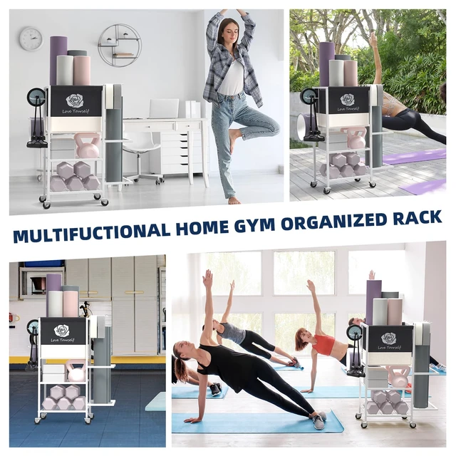 Alt view image 4 of 6 - Multi-Functional Home Gym Storage Rack,Yoga Mat Storage on Wheels
200 lbs capacity,Side Holder and Hooks,Basket for Yoga Pilates Accessories,All in on Workout Equipment Organizer