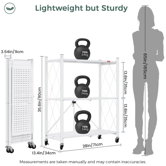 Alt view image 2 of 7 - 3 Tier Foldable Storage Shelves with Wheels, Kitchen Appliance Stand, Freestanding Metal Wire Shelf Rack, No Assembly Organizer Rolling Cart for Garage, Basement, Pantry(White)