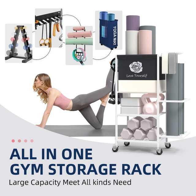 Alt view image 5 of 6 - Multi-Functional Home Gym Storage Rack,Yoga Mat Storage on Wheels
200 lbs capacity,Side Holder and Hooks,Basket for Yoga Pilates Accessories,All in on Workout Equipment Organizer