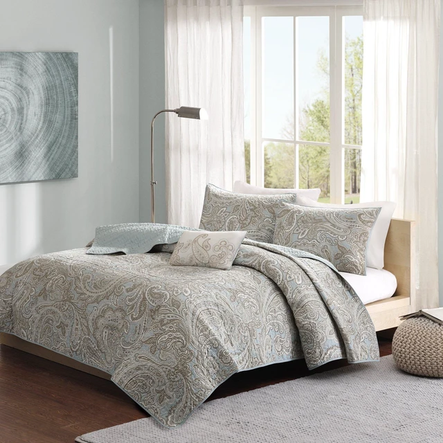 Main image of Pure Ronan 100% Cotton Quilt Set-Casual Paisley Design All Season, Lightweight Coverlet Bedspread Bedding, Shams, Decorative Pillows, King/Cal King(104"x92"), Blue 4 Piece