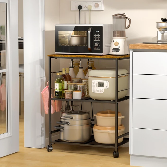 Alt view image 2 of 7 - Rolling Kitchen Microwave Cart, 3 Tier Microwave Table Stand with Storage, Kitchen Utility Cart on Lockable Wheels, Small Coffee Cart Shelf Rack Organizer for Living Room Office, Balcony