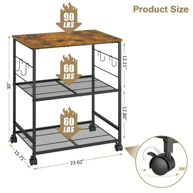 Alt view image 3 of 7 - Rolling Kitchen Microwave Cart, 3 Tier Microwave Table Stand with Storage, Kitchen Utility Cart on Lockable Wheels, Small Coffee Cart Shelf Rack Organizer for Living Room Office, Balcony