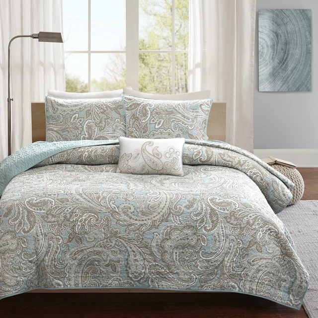 Alt view image 2 of 7 - Pure Ronan 100% Cotton Quilt Set-Casual Paisley Design All Season, Lightweight Coverlet Bedspread Bedding, Shams, Decorative Pillows, King/Cal King(104"x92"), Blue 4 Piece