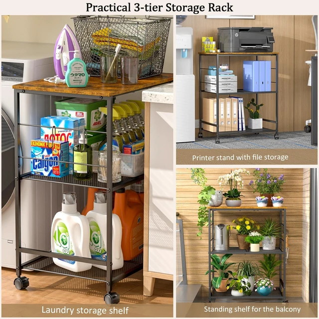 Alt view image 6 of 7 - Rolling Kitchen Microwave Cart, 3 Tier Microwave Table Stand with Storage, Kitchen Utility Cart on Lockable Wheels, Small Coffee Cart Shelf Rack Organizer for Living Room Office, Balcony