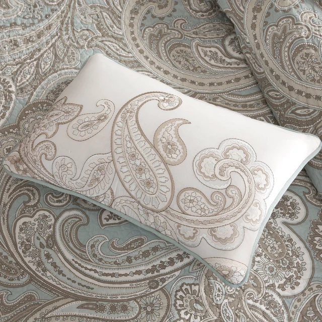 Alt view image 3 of 7 - Pure Ronan 100% Cotton Quilt Set-Casual Paisley Design All Season, Lightweight Coverlet Bedspread Bedding, Shams, Decorative Pillows, King/Cal King(104"x92"), Blue 4 Piece