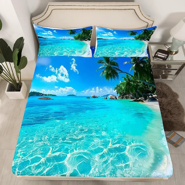 Alt view image 2 of 7 - Ocean Sheet Sets, Summer Beach Bedding Sets, Hawaiian Vacation Style Top Sheet Palm Trees Tropical Nature Sea Theme 4 Pces Super Soft Bed Sheet Set, 1 Top Sheet+1 Fitted Sheet+2 Pillowcases, Queen