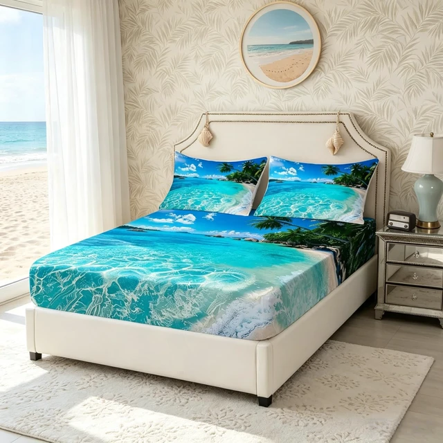 Alt view image 5 of 7 - Ocean Sheet Sets, Summer Beach Bedding Sets, Hawaiian Vacation Style Top Sheet Palm Trees Tropical Nature Sea Theme 4 Pces Super Soft Bed Sheet Set, 1 Top Sheet+1 Fitted Sheet+2 Pillowcases, Queen