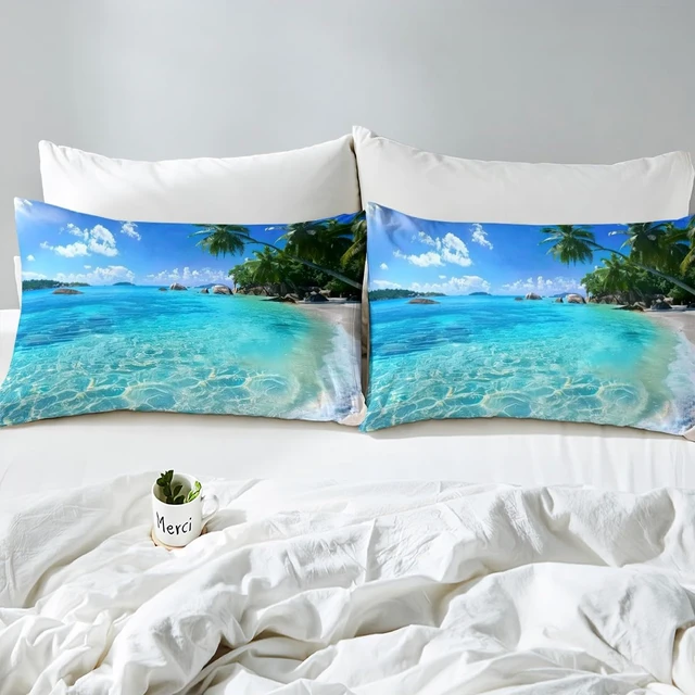 Alt view image 6 of 7 - Ocean Sheet Sets, Summer Beach Bedding Sets, Hawaiian Vacation Style Top Sheet Palm Trees Tropical Nature Sea Theme 4 Pces Super Soft Bed Sheet Set, 1 Top Sheet+1 Fitted Sheet+2 Pillowcases, Queen