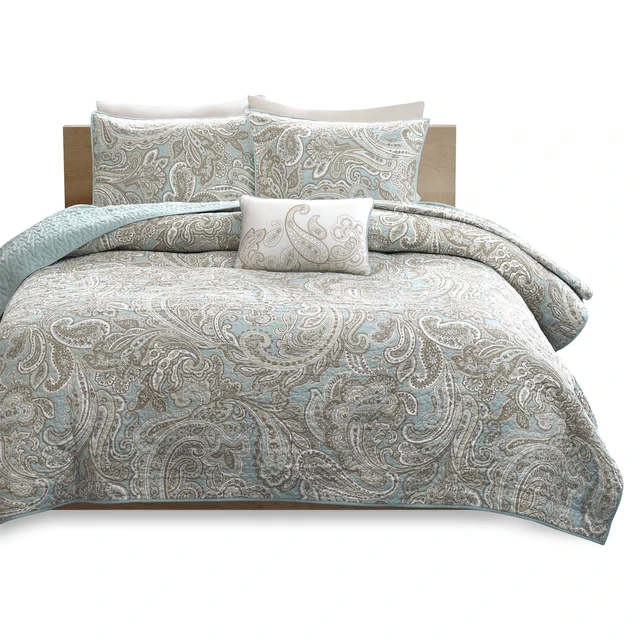 Alt view image 7 of 7 - Pure Ronan 100% Cotton Quilt Set-Casual Paisley Design All Season, Lightweight Coverlet Bedspread Bedding, Shams, Decorative Pillows, King/Cal King(104"x92"), Blue 4 Piece
