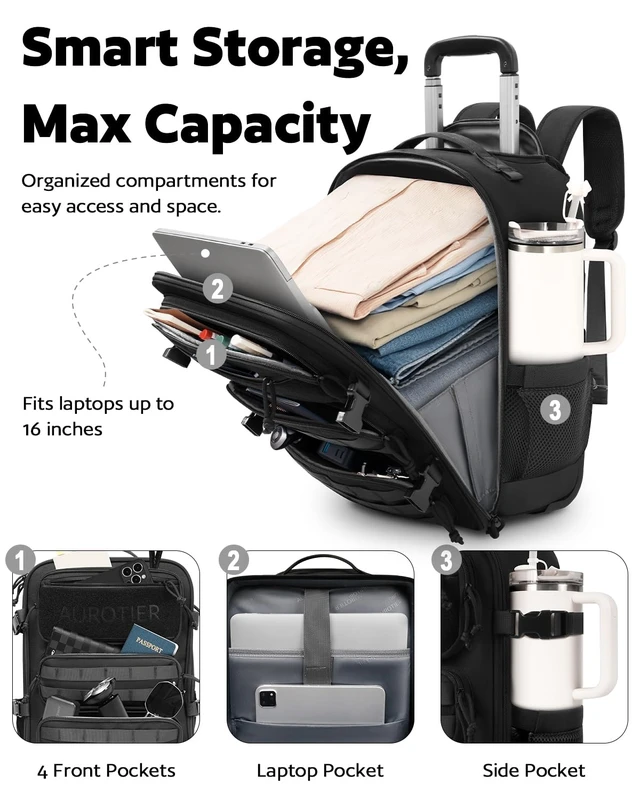 Alt view image 2 of 7 - Rolling Tactical Laptop Backpack, Underseat Travel Backpack with Wheels, 16 Inch Wheeled Computer Backpack for Men and Women, Roller Overnight Molle Outdoor Hiking College Carry on Luggage