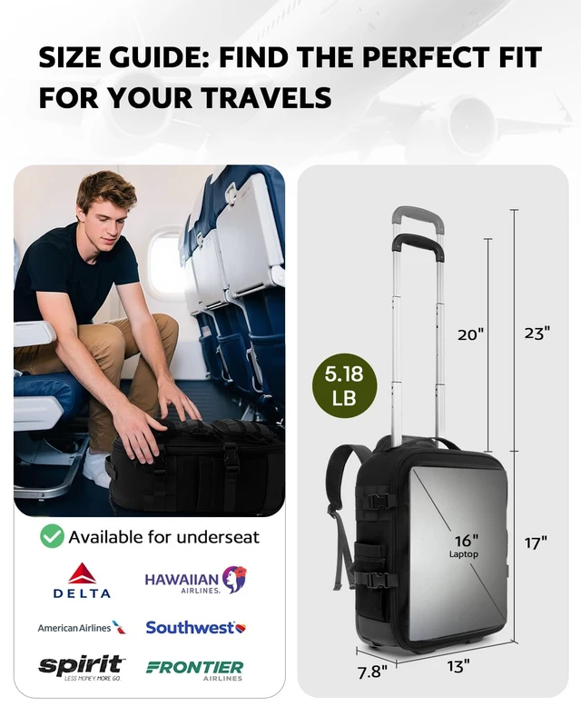 Alt view image 3 of 7 - Rolling Tactical Laptop Backpack, Underseat Travel Backpack with Wheels, 16 Inch Wheeled Computer Backpack for Men and Women, Roller Overnight Molle Outdoor Hiking College Carry on Luggage