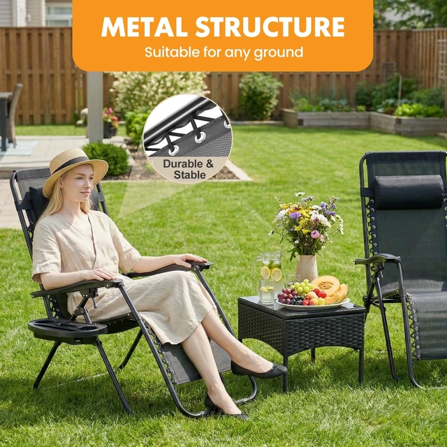 Alt view image 5 of 7 - Zero Gravity Chairs Set of 2, Folding Lounge Recliner Chair
Portable Lawn Camping Recliner with Adjustable Pillow, Mesh Back, Cup Holder Trays for Pool Beach Patio, Black