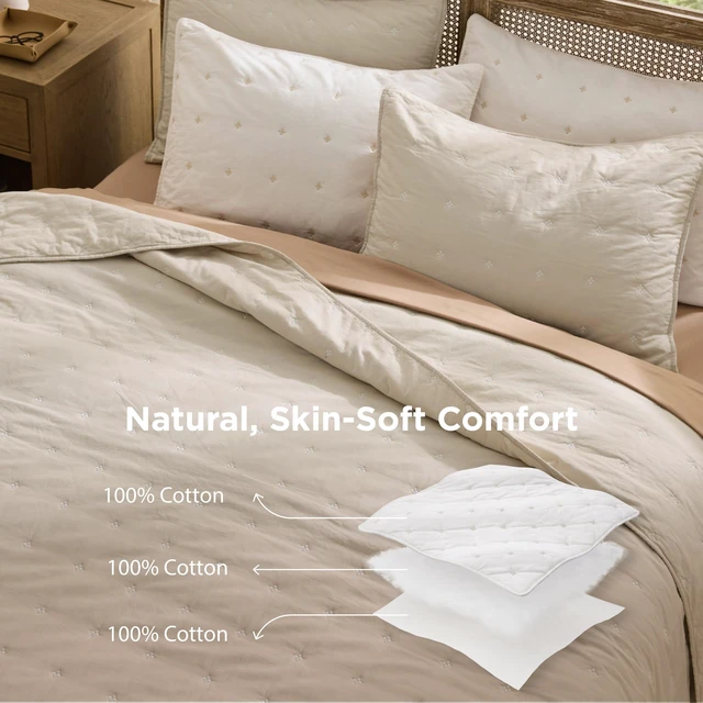 Alt view image 2 of 7 - PureWoven 100% Cotton Quilt Set King Size, Embroidery, Linen Beige
Lightweight Bedspread, 3-Piece Bed Coverlet, Four Leaf Embroidery, Vintage Wrinkled, All-Season, Machine Washable, 106x96 in