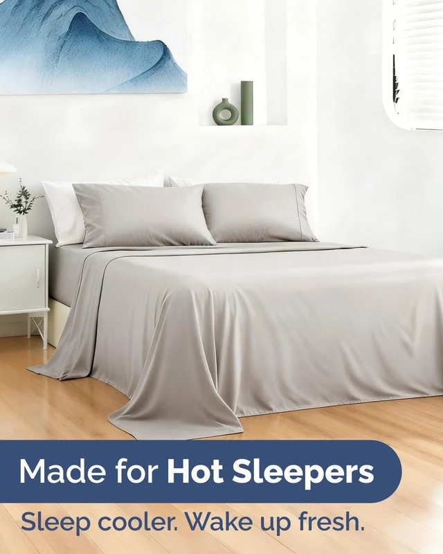 Alt view image 2 of 7 - Cooling Sheet Set Cal King Size - 4 Piece Summer Bed Sheet Set - Light Grey
For Hot Sleepers & Night Sweats, Soft & Silky Smooth, Cooling Bed Set, Breathable & Lightweight, Deep Pockets 8" to 16", Coz