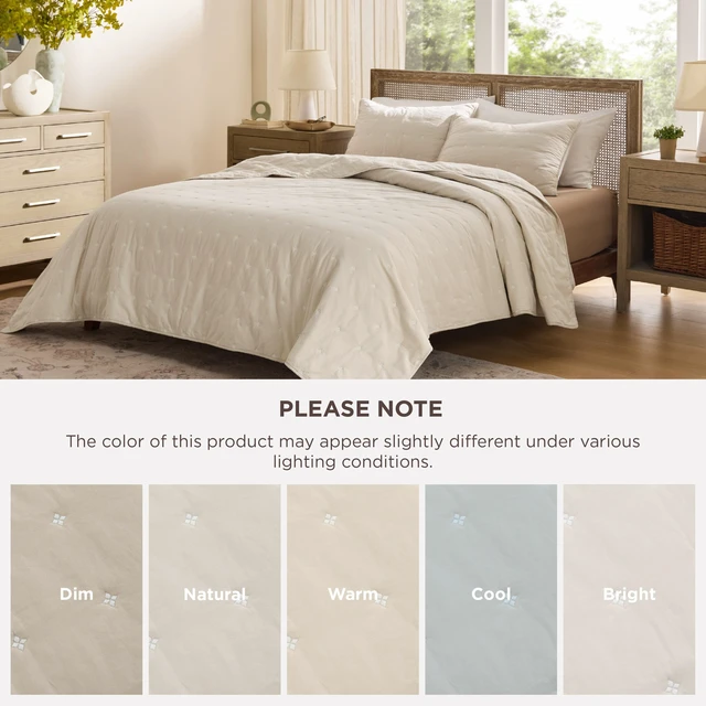 Alt view image 5 of 7 - PureWoven 100% Cotton Quilt Set King Size, Embroidery, Linen Beige
Lightweight Bedspread, 3-Piece Bed Coverlet, Four Leaf Embroidery, Vintage Wrinkled, All-Season, Machine Washable, 106x96 in