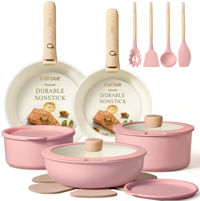 Main image of 19pcs Pots and Pans Set Non Stick, Detachable Handle Cookware, Pink