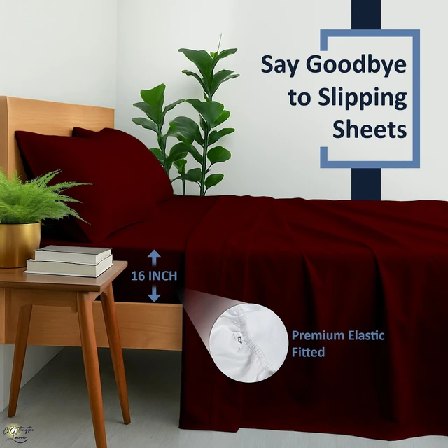 Alt view image 3 of 7 - Queen Sheet Set, 4 Piece 100% Cotton, 16" Deep, Burgundy