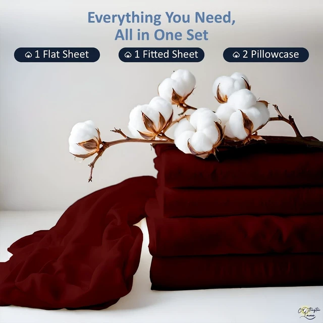 Alt view image 5 of 7 - Queen Sheet Set, 4 Piece 100% Cotton, 16" Deep, Burgundy