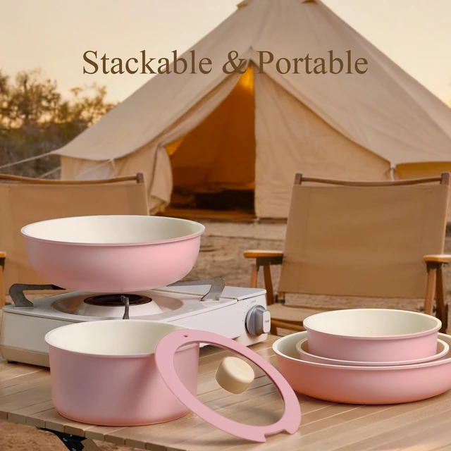 Alt view image 5 of 7 - 19pcs Pots and Pans Set Non Stick, Detachable Handle Cookware, Pink