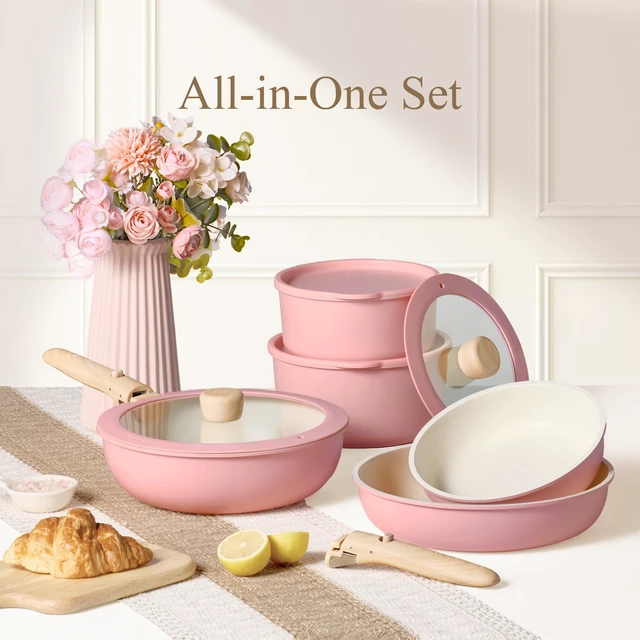 Alt view image 7 of 7 - 19pcs Pots and Pans Set Non Stick, Detachable Handle Cookware, Pink