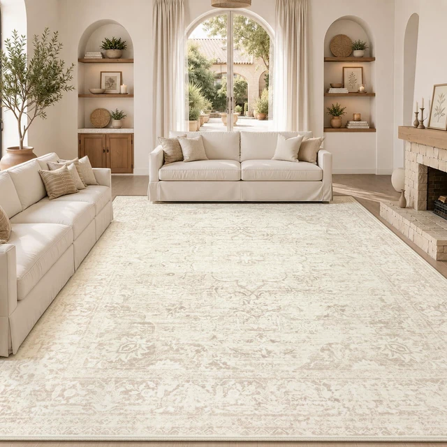 Main image of 8x10 Area Rugs for Living Room: Washable Boho Vintage Floral Rug Large Soft Non-Slip Rugs Stain Resistant Low Pile Indoor Carpet for Bedroom Dining Room Nursery Home Office Beige