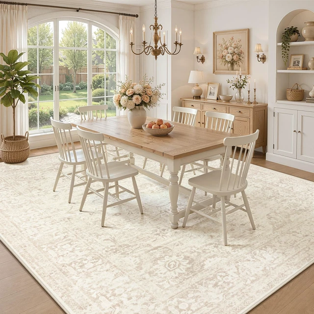 Alt view image 3 of 7 - 8x10 Area Rugs for Living Room: Washable Boho Vintage Floral Rug Large Soft Non-Slip Rugs Stain Resistant Low Pile Indoor Carpet for Bedroom Dining Room Nursery Home Office Beige