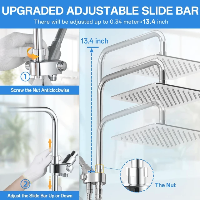 Alt view image 3 of 7 - High Pressure Rain Shower Head Combo Adjustable Bar(Up to 13.4") Chrome
Dual Shower Head,10" Fixed Rainfall Showerhead,7 Spray Handheld Shower Heads,71" Hose, Tall People Friendly