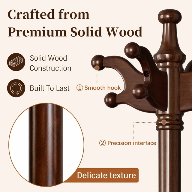 Alt view image 2 of 7 - Solid Wood Coat Rack Freestanding Heavy Duty Coat Tree with 7 Hook
Coat Hanger Stand for Entryway, Bedroom, Office Sturdy Tripod Base Supports Heavy Coats, Jackets, Hats and Bags Vintage