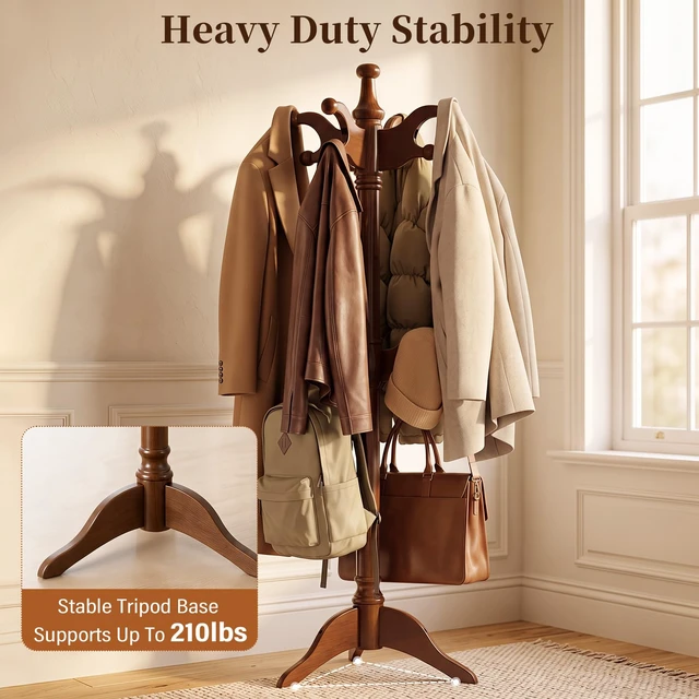 Alt view image 3 of 7 - Solid Wood Coat Rack Freestanding Heavy Duty Coat Tree with 7 Hook
Coat Hanger Stand for Entryway, Bedroom, Office Sturdy Tripod Base Supports Heavy Coats, Jackets, Hats and Bags Vintage