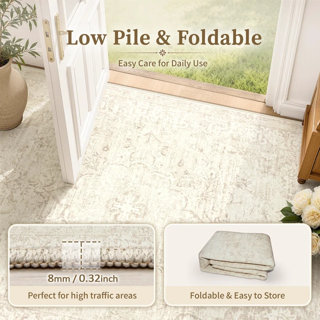 Alt view image 6 of 7 - 8x10 Area Rugs for Living Room: Washable Boho Vintage Floral Rug Large Soft Non-Slip Rugs Stain Resistant Low Pile Indoor Carpet for Bedroom Dining Room Nursery Home Office Beige