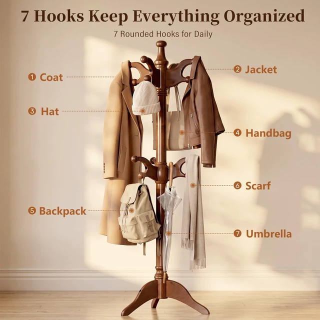 Alt view image 4 of 7 - Solid Wood Coat Rack Freestanding Heavy Duty Coat Tree with 7 Hook
Coat Hanger Stand for Entryway, Bedroom, Office Sturdy Tripod Base Supports Heavy Coats, Jackets, Hats and Bags Vintage