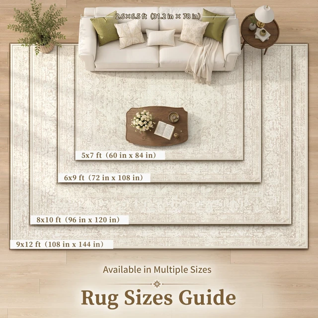 Alt view image 7 of 7 - 8x10 Area Rugs for Living Room: Washable Boho Vintage Floral Rug Large Soft Non-Slip Rugs Stain Resistant Low Pile Indoor Carpet for Bedroom Dining Room Nursery Home Office Beige