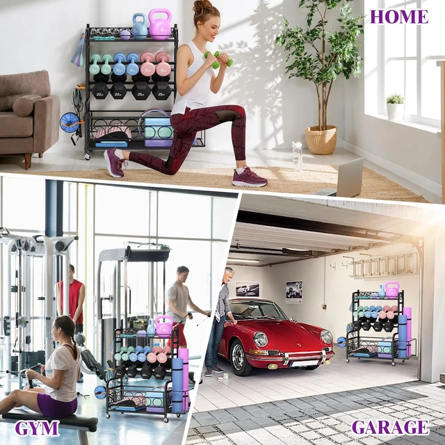 Alt view image 3 of 7 - 3-Tier Dumbbell Rack with Wheels, Weight Rack for Home Gym Storage
Stores dumbbells, kettlebells & yoga mats. Lockable wheels for mobility. Sturdy steel frame, easy 15-min assembly