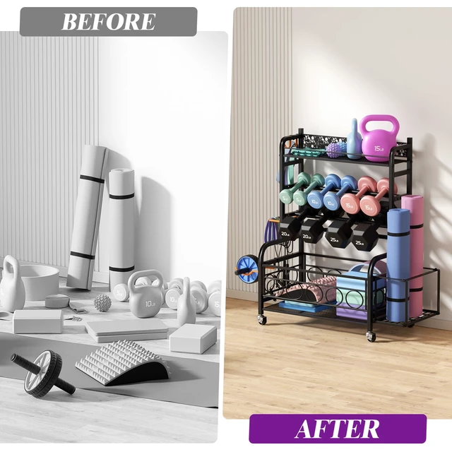 Alt view image 4 of 7 - 3-Tier Dumbbell Rack with Wheels, Weight Rack for Home Gym Storage
Stores dumbbells, kettlebells & yoga mats. Lockable wheels for mobility. Sturdy steel frame, easy 15-min assembly