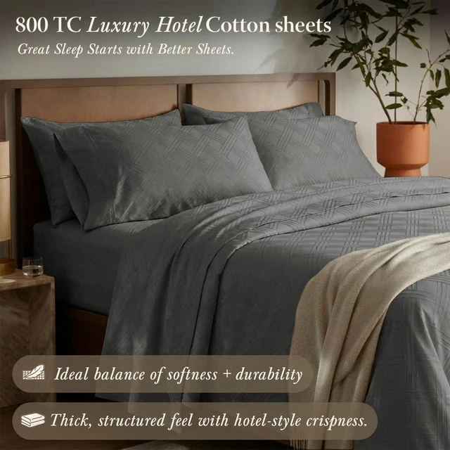 Alt view image 2 of 7 - Luxury 100% Cotton Full Bed-Sheets - 800 Thread Count Jacquard Celine Dark Grey, Better Than Egyptian Cotton,4 Pc Striped Bed Set, Damask Sheets with Elasticized Deep Pocket