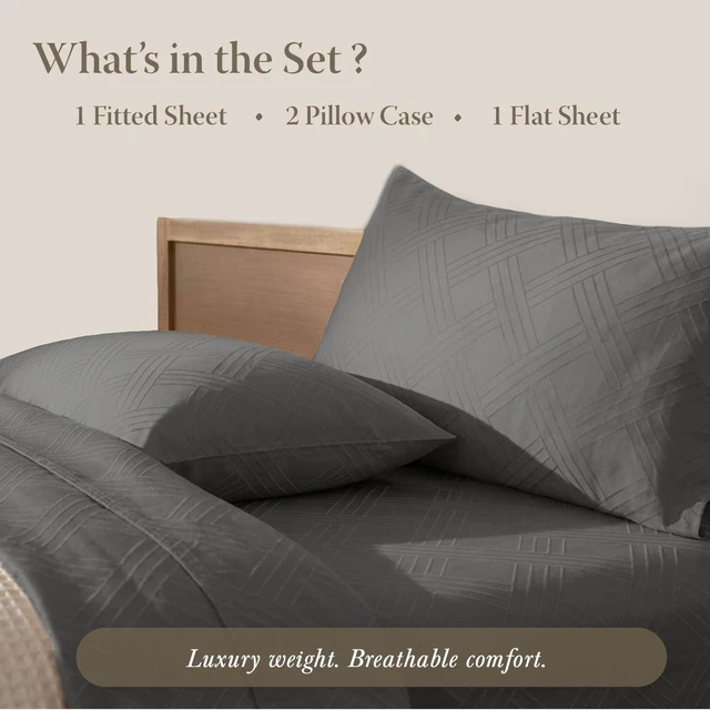 Alt view image 4 of 7 - Luxury 100% Cotton Full Bed-Sheets - 800 Thread Count Jacquard Celine Dark Grey, Better Than Egyptian Cotton,4 Pc Striped Bed Set, Damask Sheets with Elasticized Deep Pocket