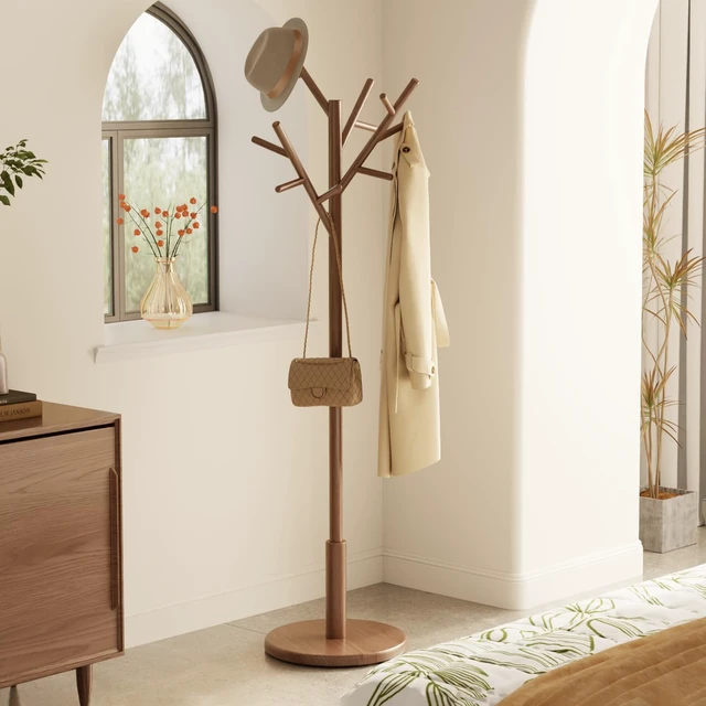 Alt view image 2 of 7 - Coat Rack, Solid Wood Coat Rack Freestanding With 12 Hooks, Coat Tree Freestanding Heavy Duty 3 Adjustable Heights For Coat, Hats, Handbags, Coat Hanger Stand For Entryway, Bedroom, Walnut