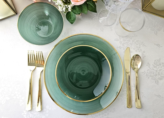 Alt view image 4 of 7 - 50 Plates Pack (25 Guests)-Wedding Party Disposable Plastic Plate Set -25 x 10'' Dinner + 25 x 7'' Salad & Dessert plates (Belize in Green & Gold)