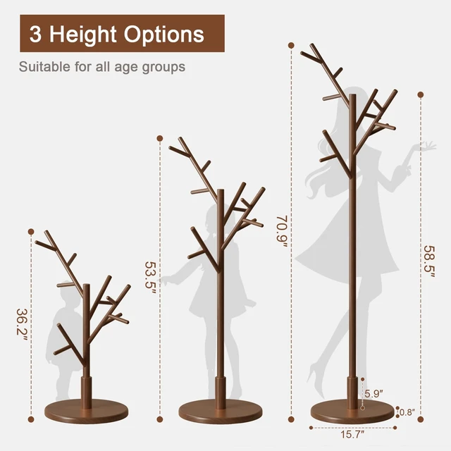 Alt view image 4 of 7 - Coat Rack, Solid Wood Coat Rack Freestanding With 12 Hooks, Coat Tree Freestanding Heavy Duty 3 Adjustable Heights For Coat, Hats, Handbags, Coat Hanger Stand For Entryway, Bedroom, Walnut