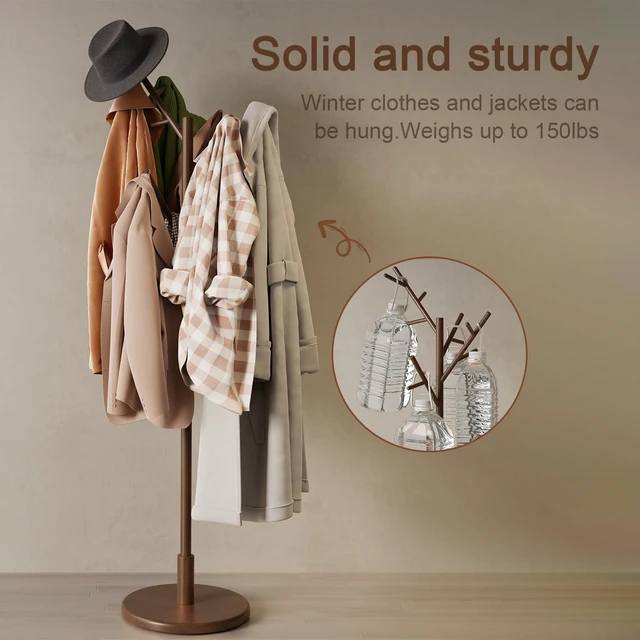 Alt view image 5 of 7 - Coat Rack, Solid Wood Coat Rack Freestanding With 12 Hooks, Coat Tree Freestanding Heavy Duty 3 Adjustable Heights For Coat, Hats, Handbags, Coat Hanger Stand For Entryway, Bedroom, Walnut