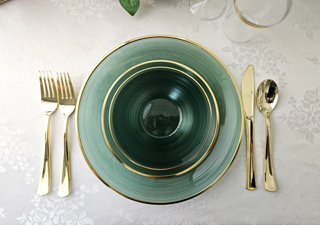Alt view image 6 of 7 - 50 Plates Pack (25 Guests)-Wedding Party Disposable Plastic Plate Set -25 x 10'' Dinner + 25 x 7'' Salad & Dessert plates (Belize in Green & Gold)