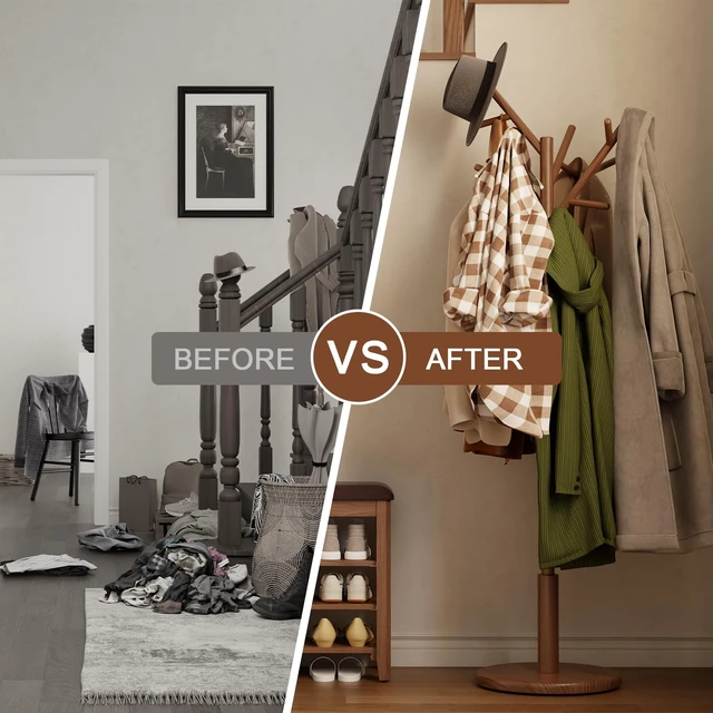 Alt view image 6 of 7 - Coat Rack, Solid Wood Coat Rack Freestanding With 12 Hooks, Coat Tree Freestanding Heavy Duty 3 Adjustable Heights For Coat, Hats, Handbags, Coat Hanger Stand For Entryway, Bedroom, Walnut